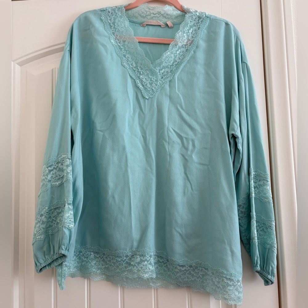 Soft Surroundings Lace Trim Blouse - Light Blue